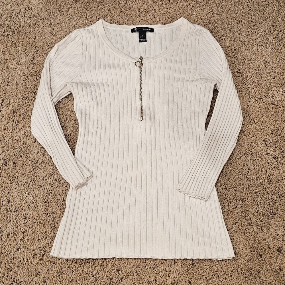 INC. Elegant Cream Ribbed 3/4 Zip Women's Top Size Medium